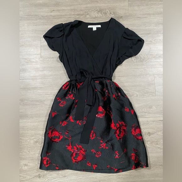 Diane Von Furstenberg Faux‎ Wrap Floral Silk Dress Black Oxblood - Picture 4 of 9